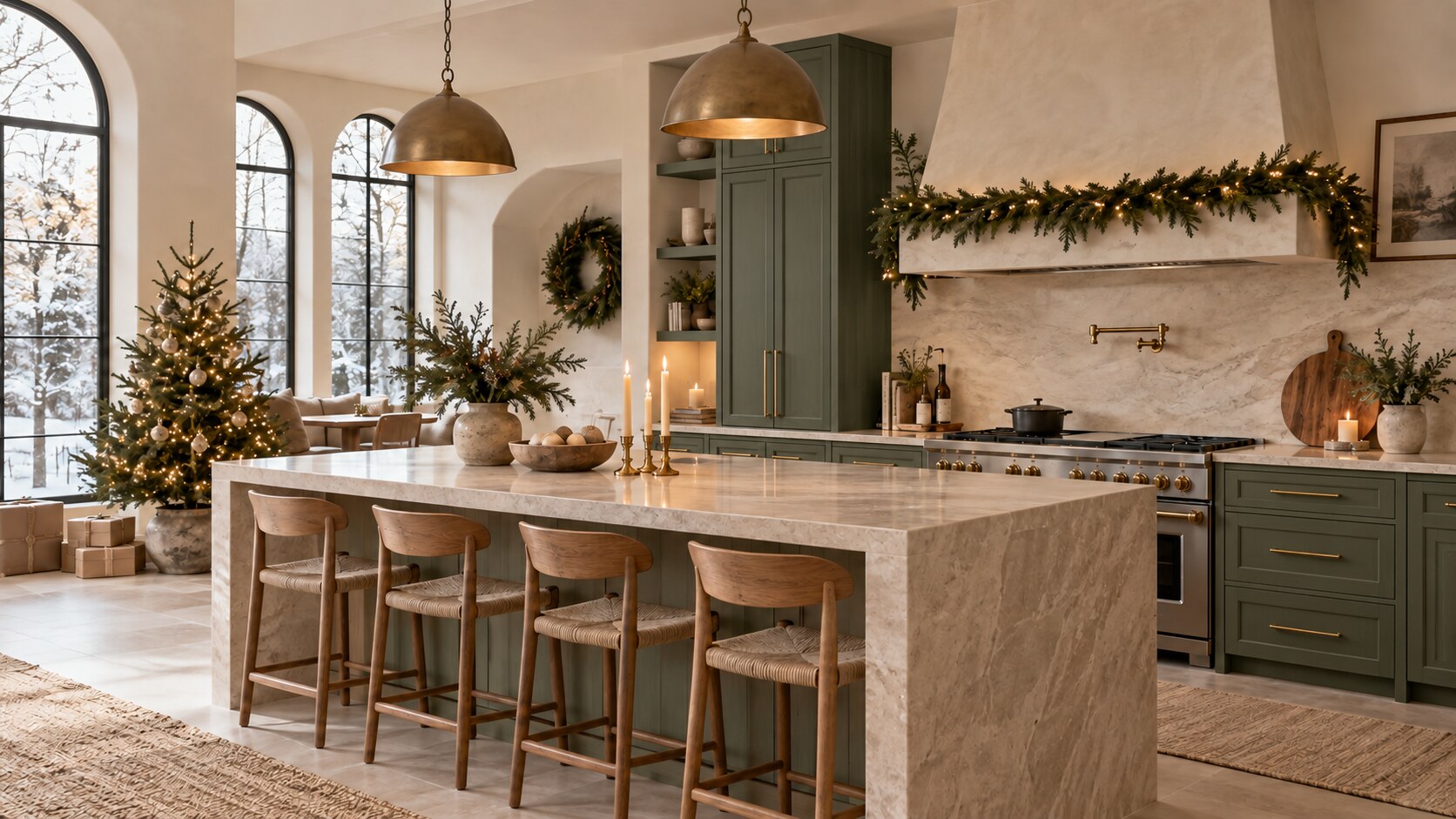 Organic modern kitchen with green cabinetry and marble island, styled for the holidays