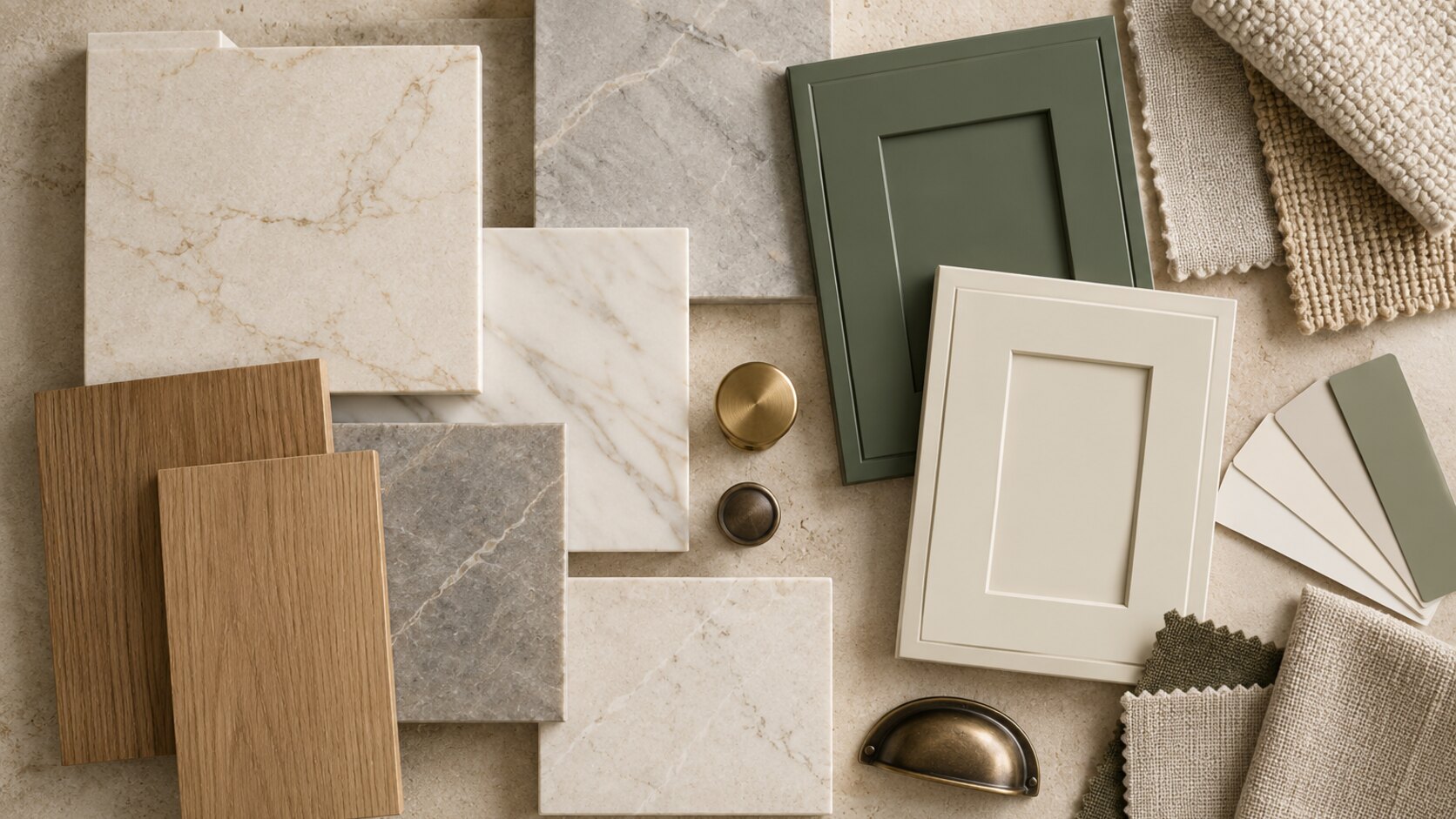 Kitchen and bath material samples arranged in a curated flat lay