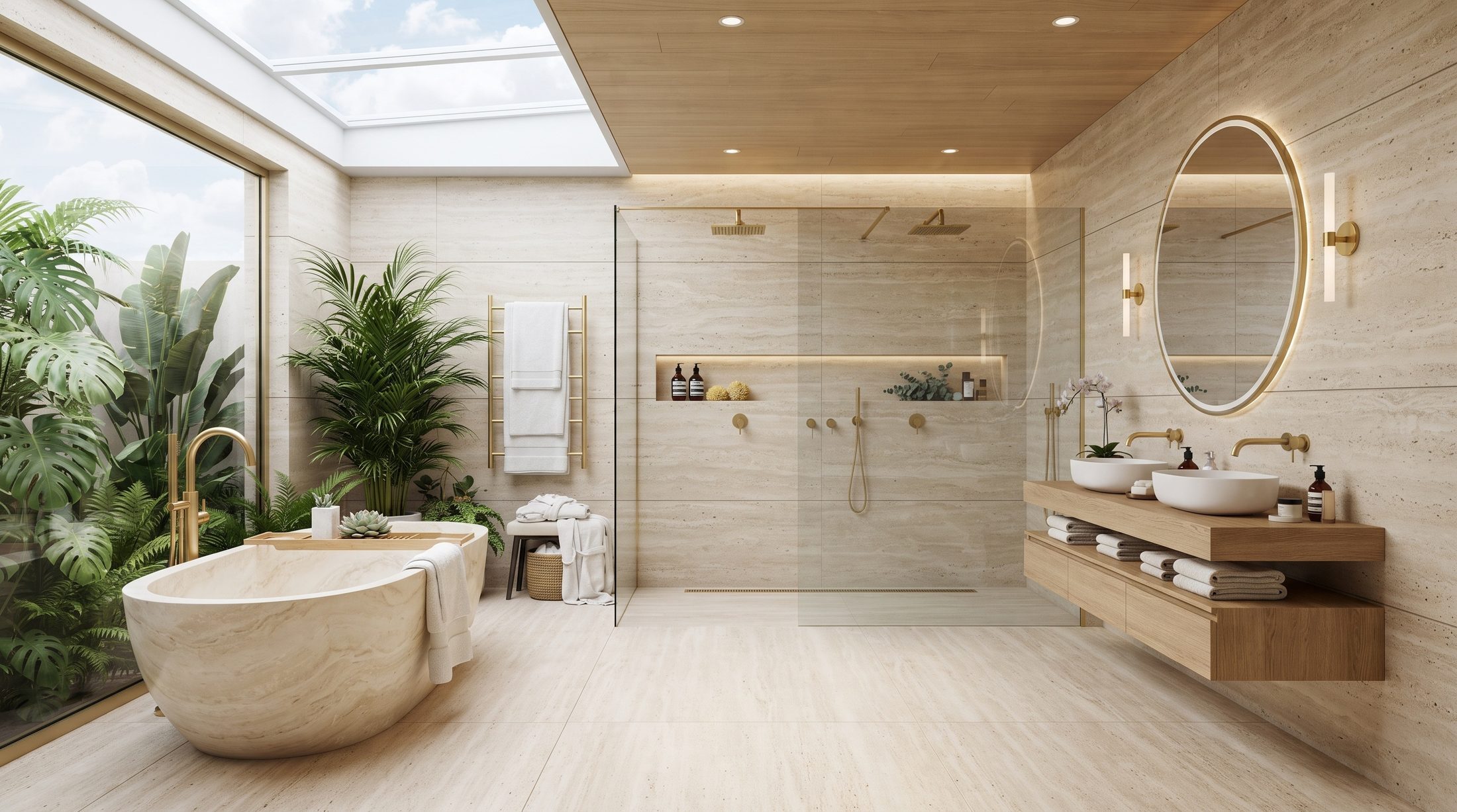 Finished bathroom with warm cabinetry and light stone surfaces