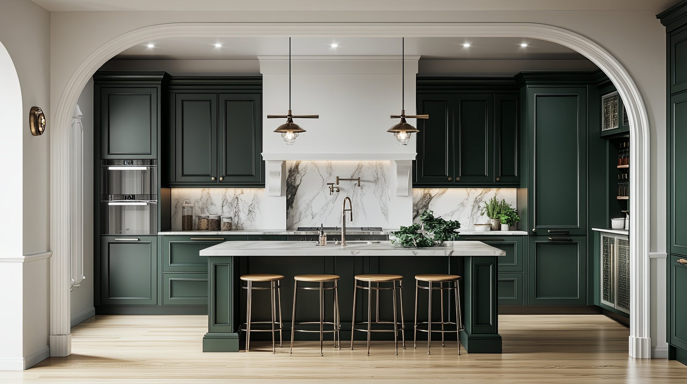Dark green kitchen with a marble backsplash and island.